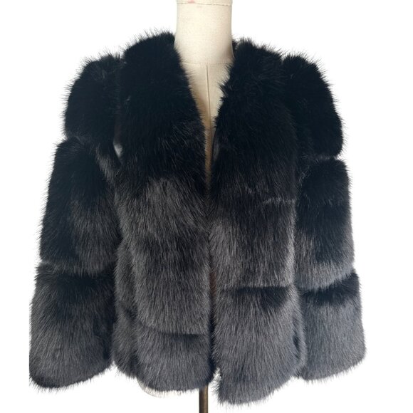 Black Faux Fur Tailored Jacket M Size 6 Lightweight Soft Short Elegant Coat New - Picture 10 of 14